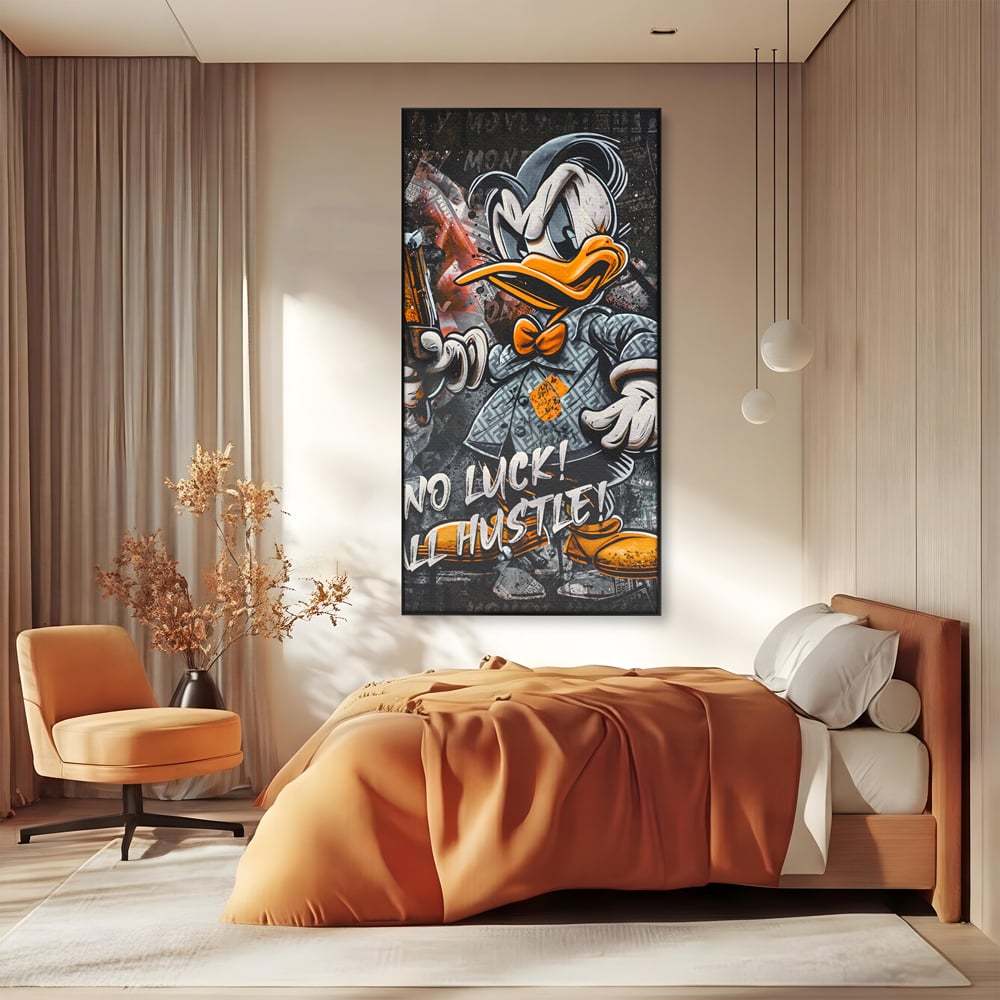 Tablou canvas cu tablou canvas cu donald duck revoltat, in rama de aluminiu negru, pe perete intr-un dormitor